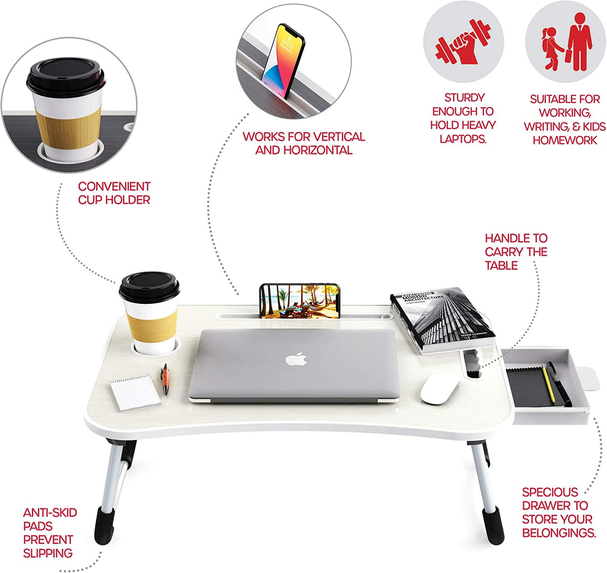 Folding Laptop Table with Drawer | White