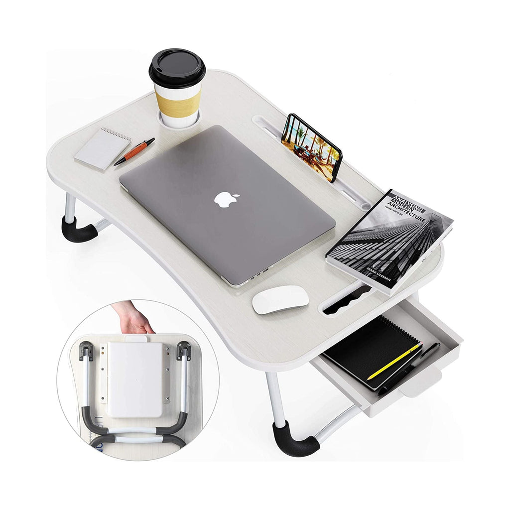 Folding Laptop Table with Drawer | White