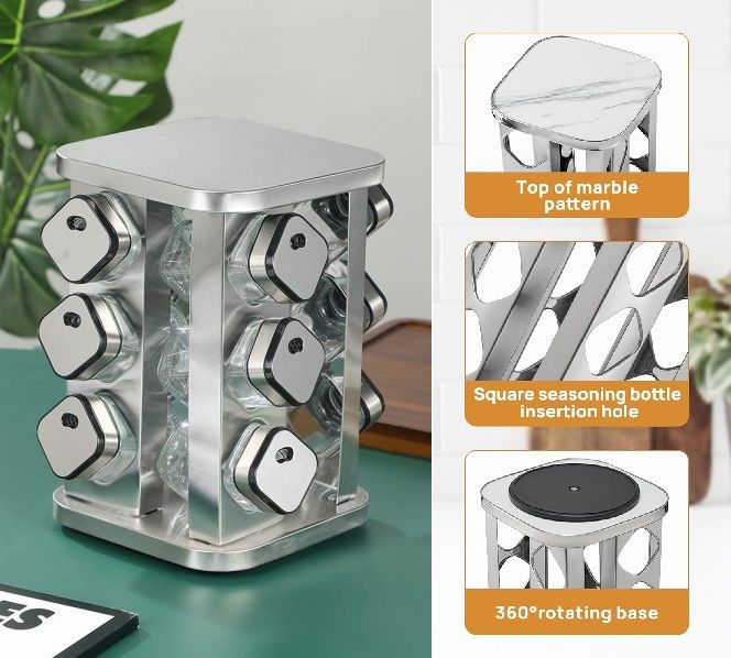 Rotating Spice Rack with 12 Glass Jars for Kitchen