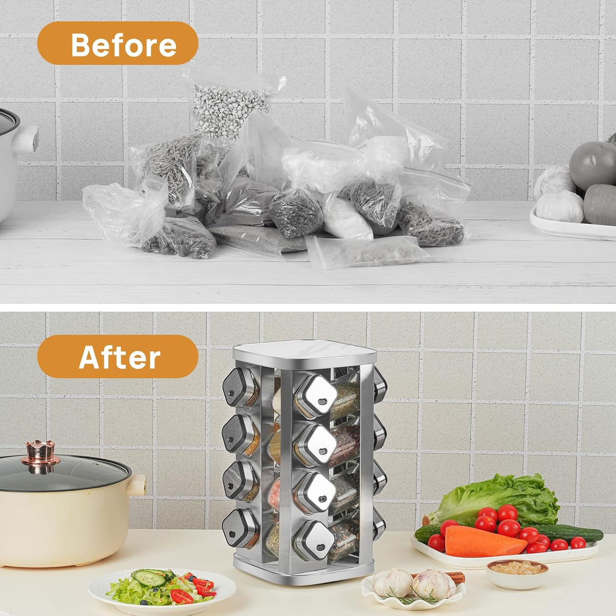 Rotating Spice Rack with 12 Glass Jars for Kitchen