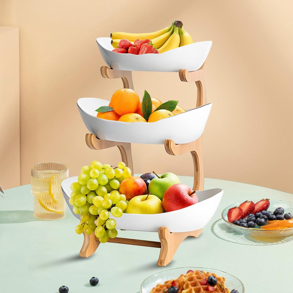 3-Tier Fruit Bowl Basket with Bamboo Stand for Kitchen