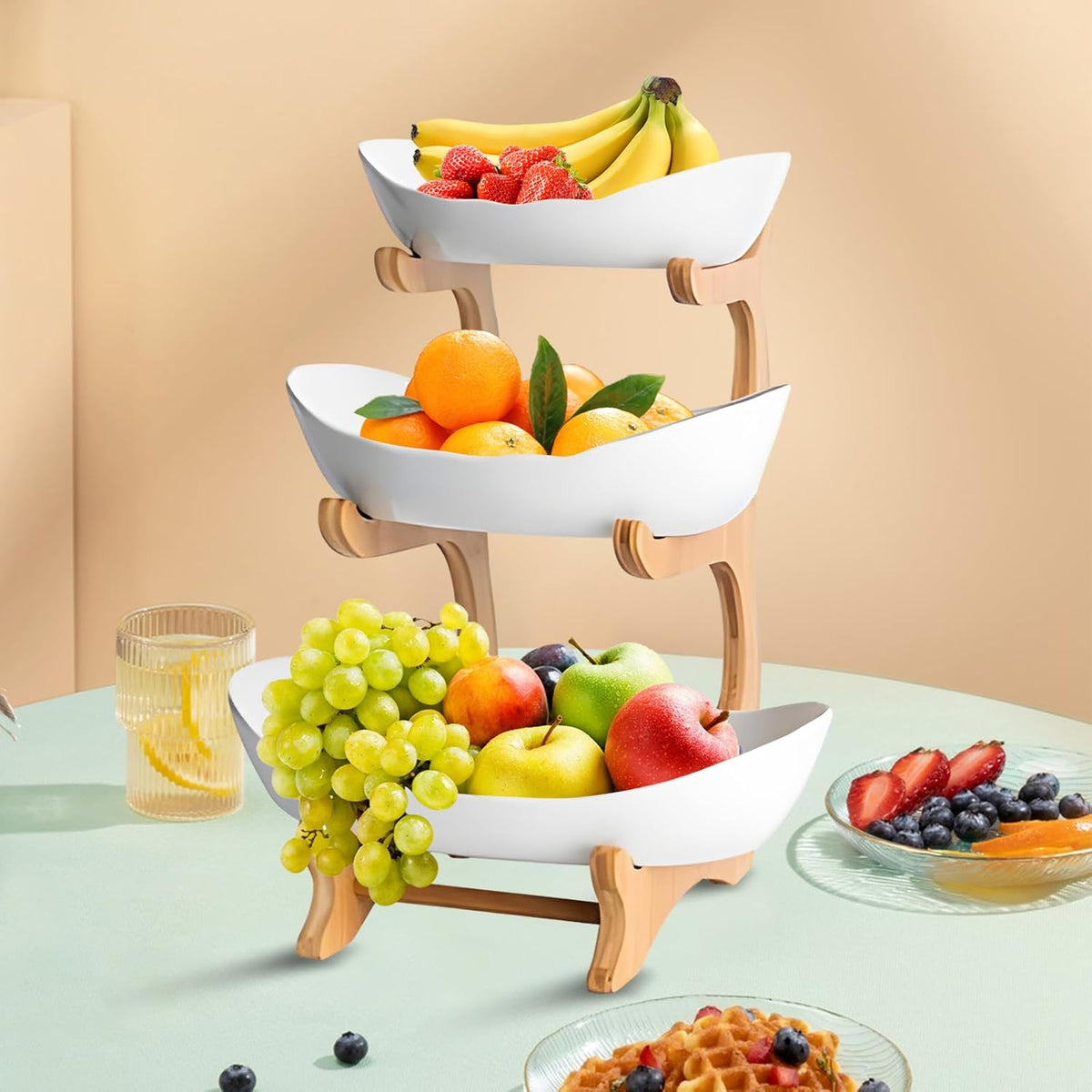 3-Tier Fruit Bowl Basket with Bamboo Stand for Kitchen