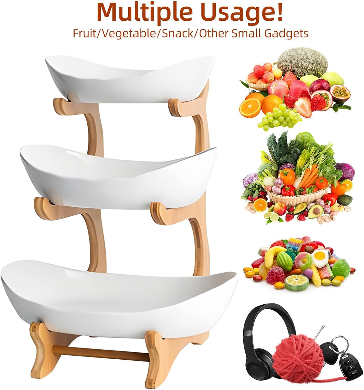 3-Tier Fruit Bowl Basket with Bamboo Stand for Kitchen