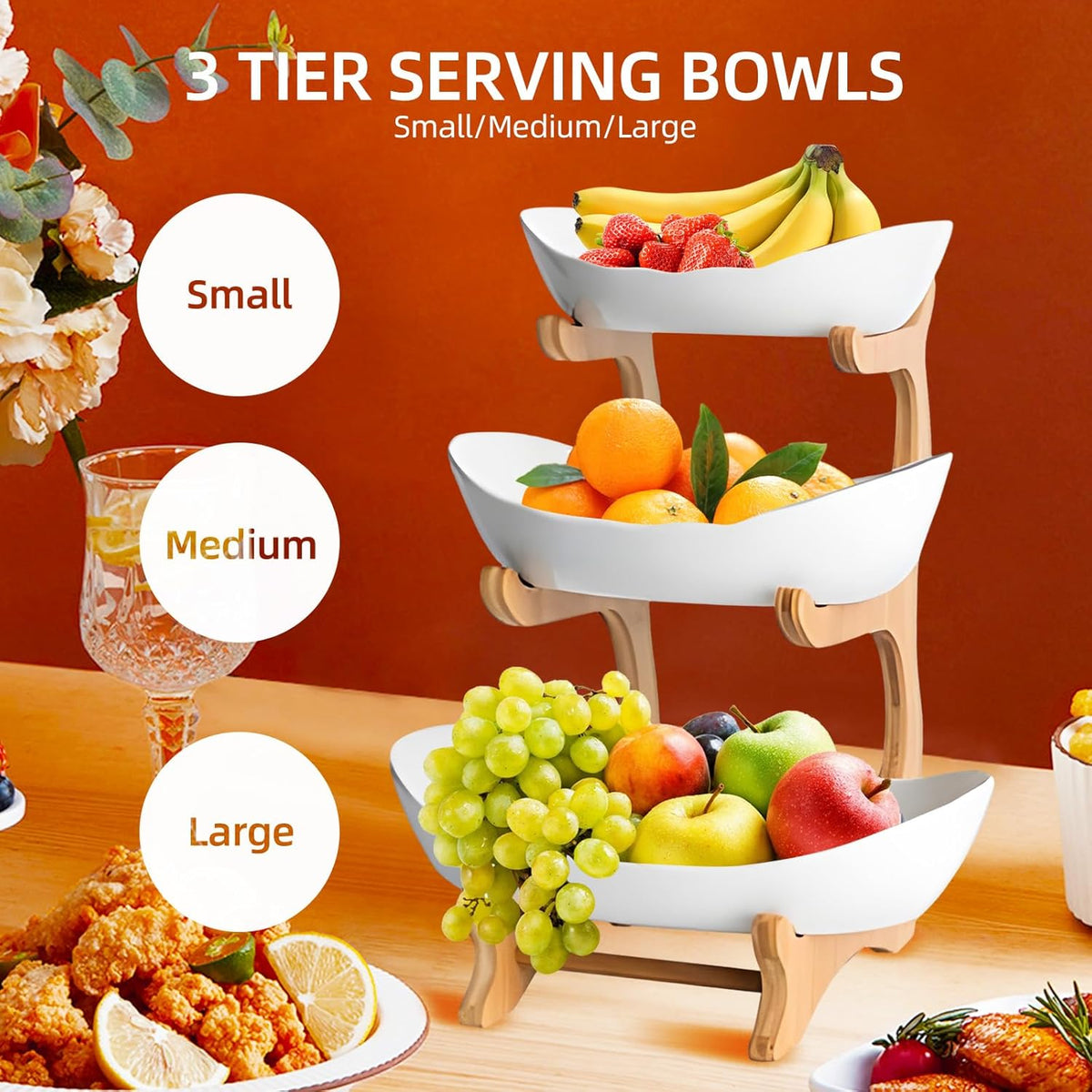 3-Tier Fruit Bowl Basket with Bamboo Stand for Kitchen