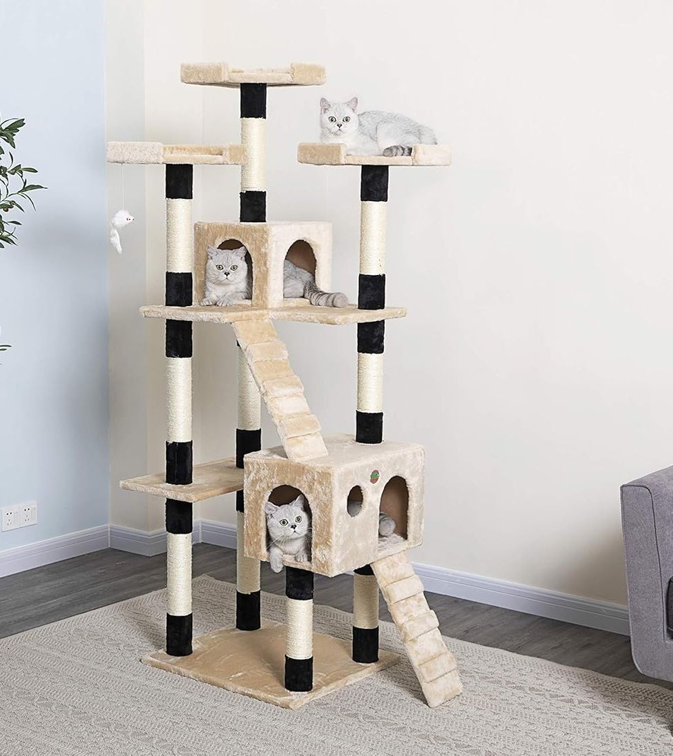 170cm Indoor Cat Tree Tower with Dual Condos & Plush Perches - Beige