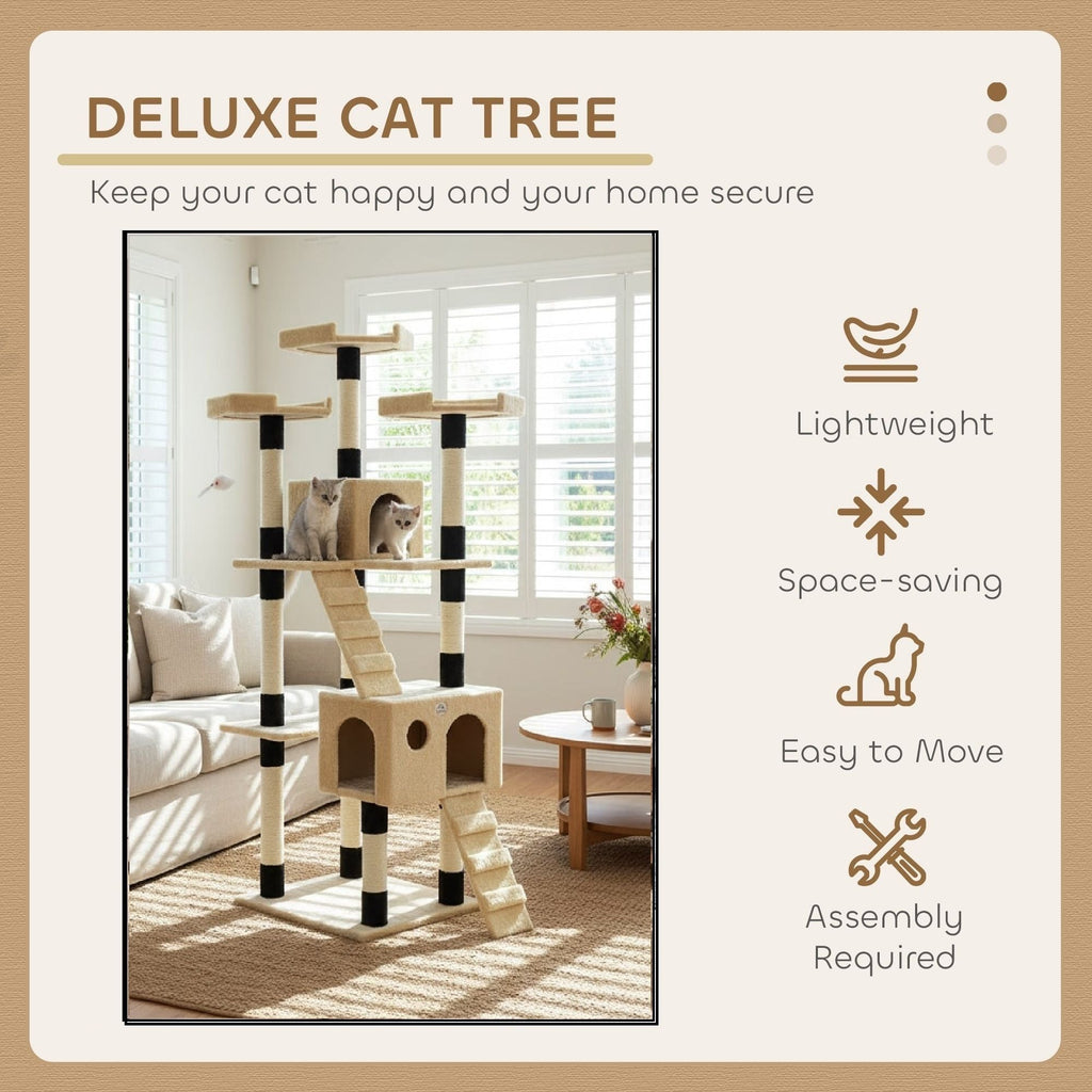 170cm Indoor Cat Tree Tower with Dual Condos & Plush Perches - Beige