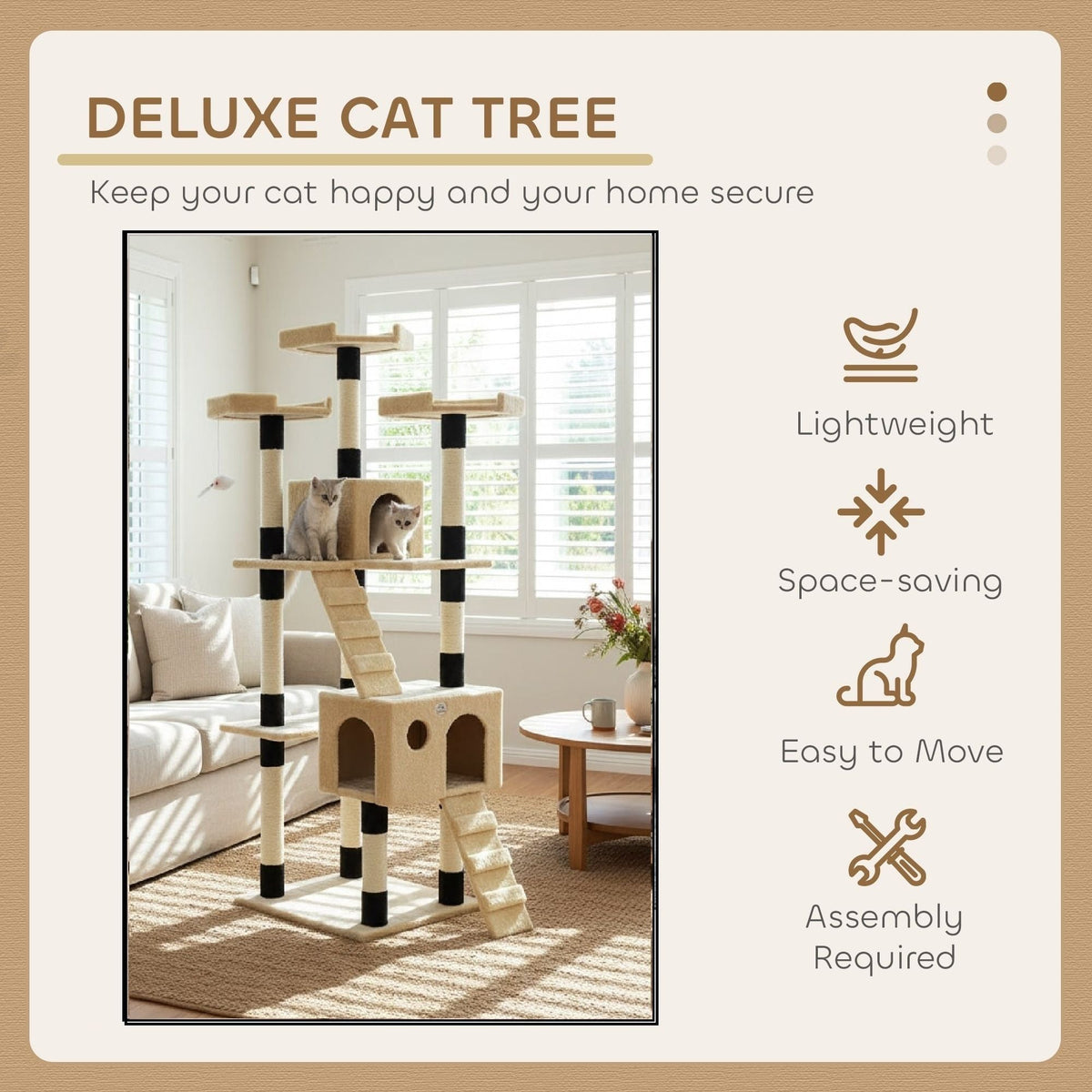 170cm Indoor Cat Tree Tower with Dual Condos & Plush Perches - Beige