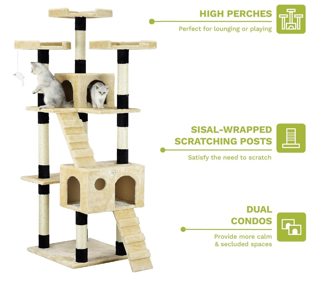 170cm Indoor Cat Tree Tower with Dual Condos & Plush Perches - Beige