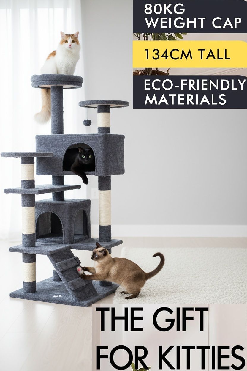 Indoor Cat Tree Tower with Plush Perches and Dual Condos - Grey