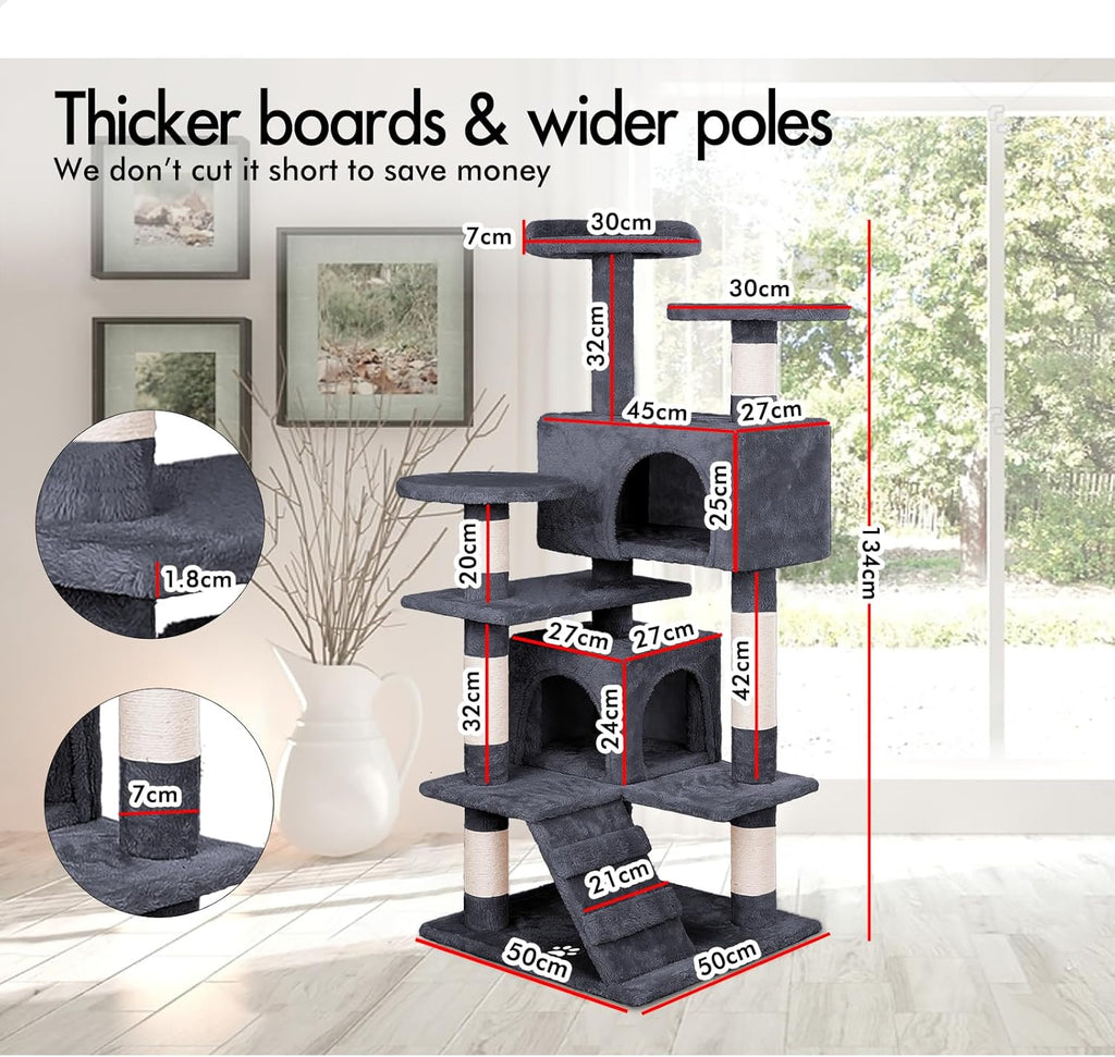 Indoor Cat Tree Tower with Plush Perches and Dual Condos - Grey