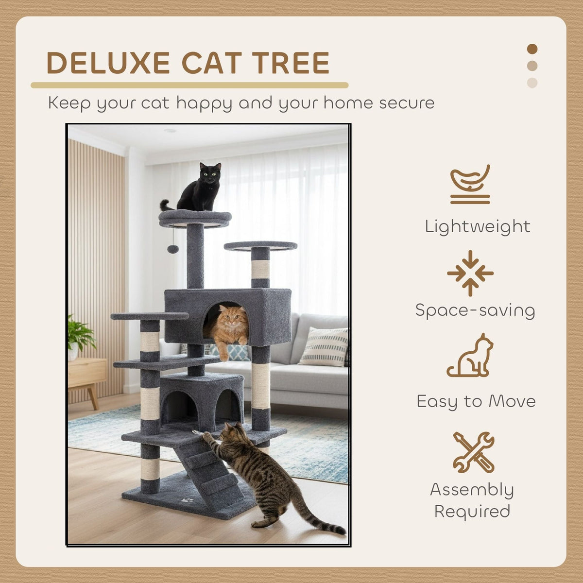 Indoor Cat Tree Tower with Plush Perches and Dual Condos - Grey