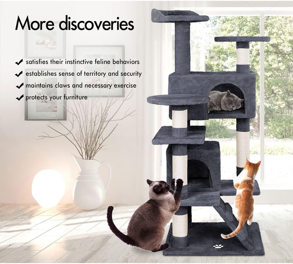 Indoor Cat Tree Tower with Plush Perches and Dual Condos - Grey
