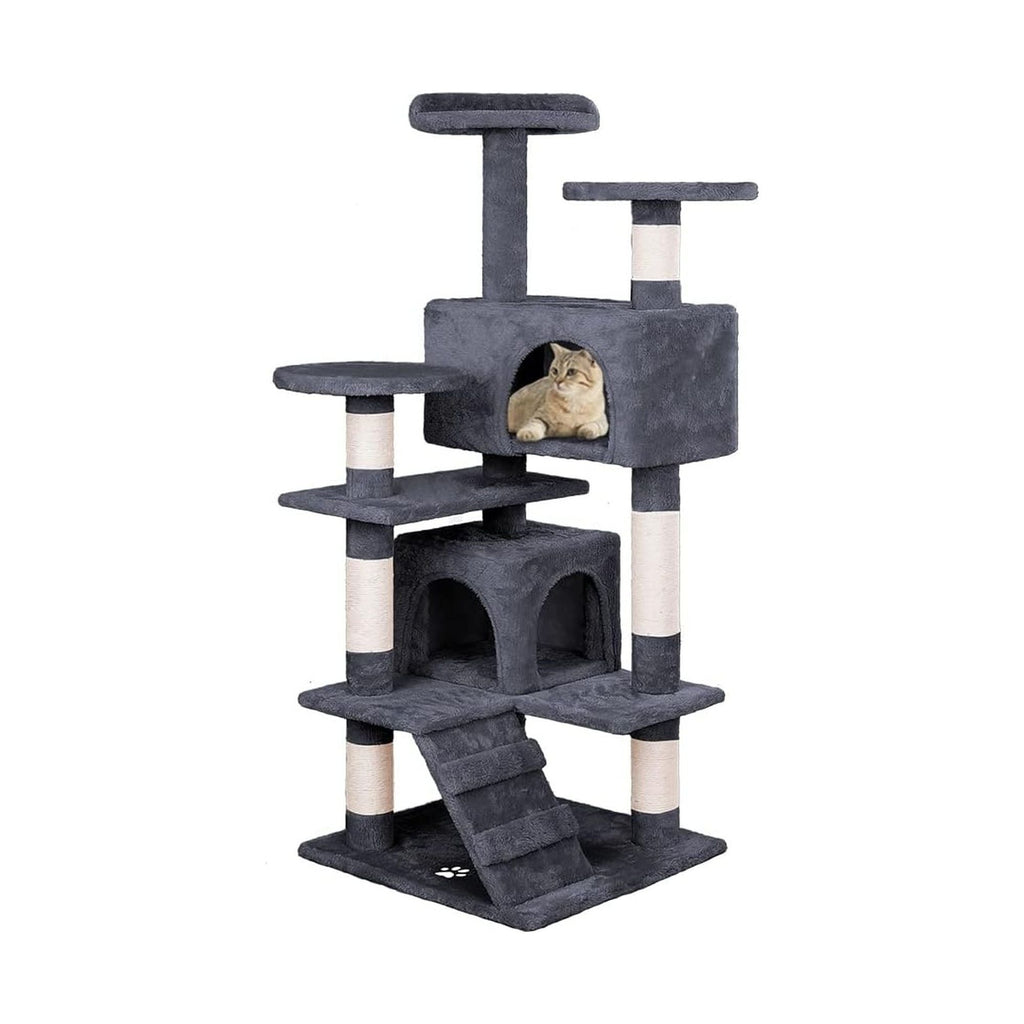 Indoor Cat Tree Tower with Plush Perches and Dual Condos - Grey