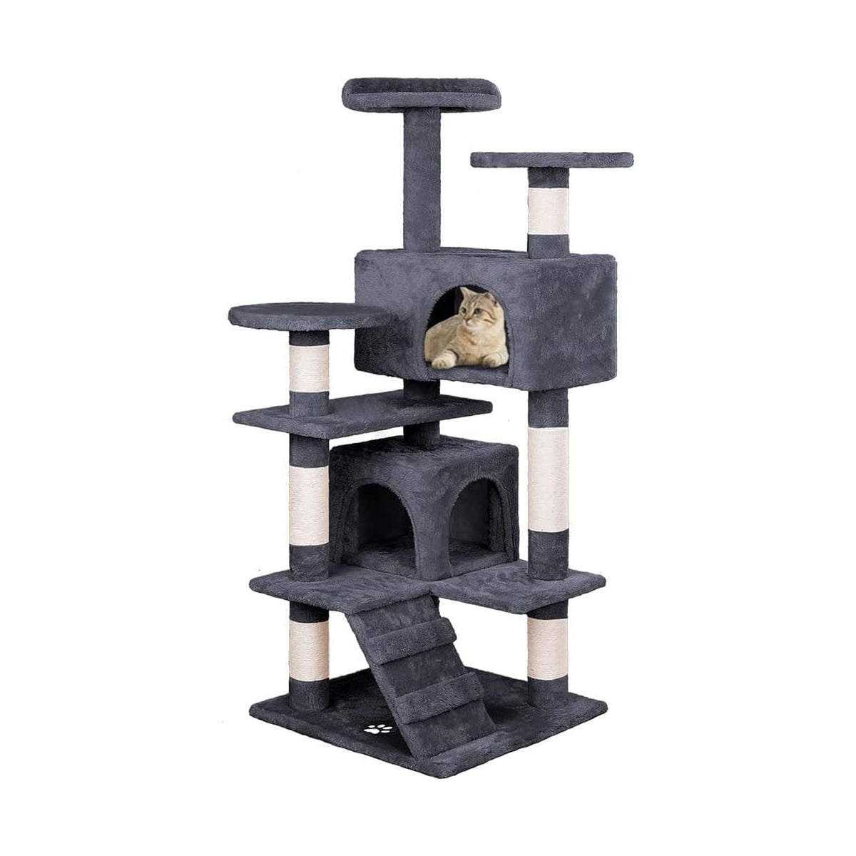 Indoor Cat Tree Tower with Plush Perches and Dual Condos - Grey