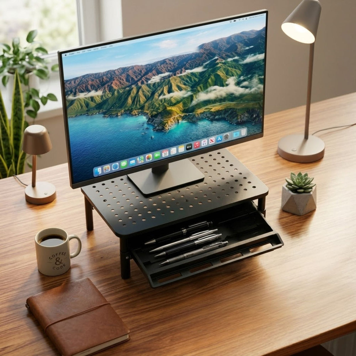 Metal Monitor Riser with Storage Drawer | Black