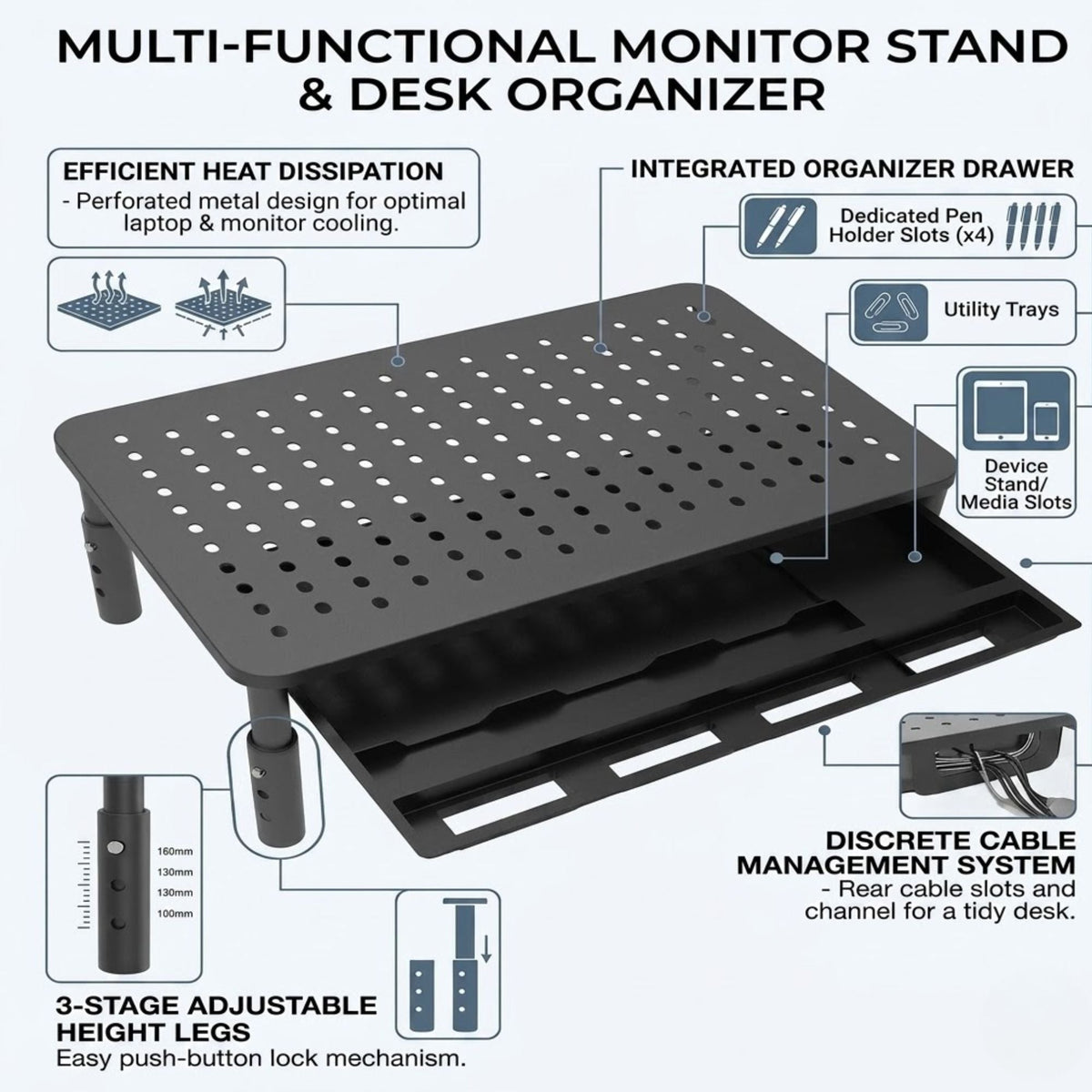 Metal Monitor Riser with Storage Drawer | Black