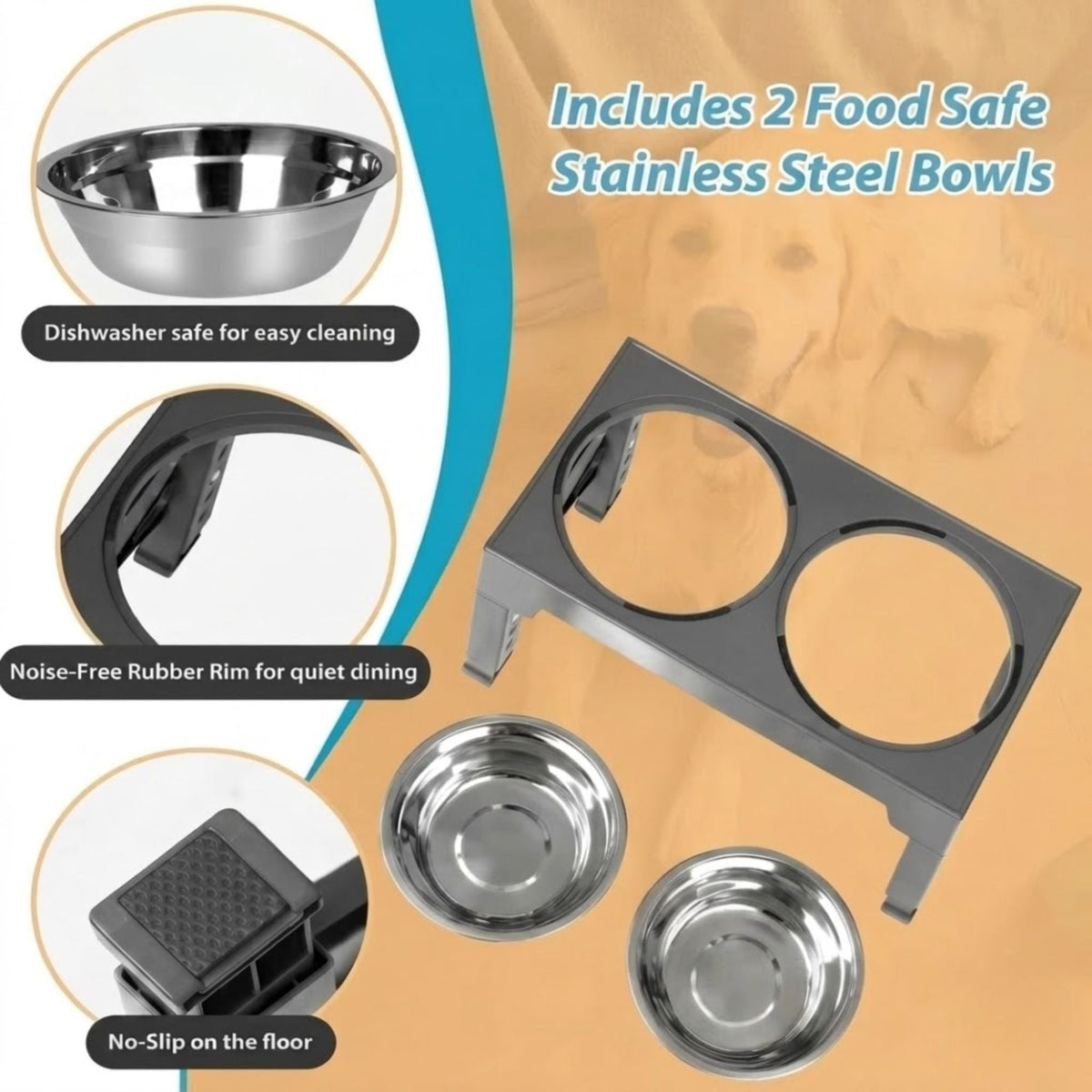 Adjustable Raised Pet Feeder | Two Stainless-Steel Bowls