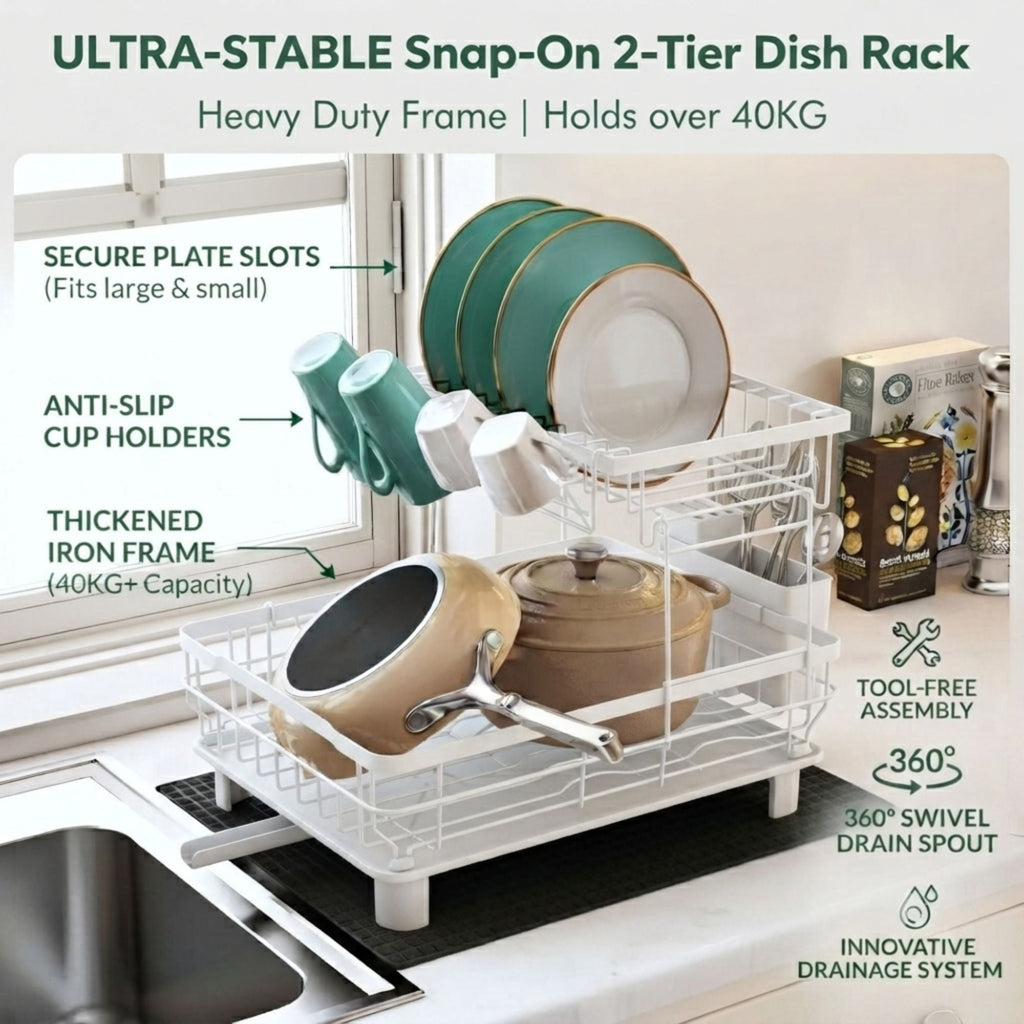 Two-Tier Dish Rack with Drainboard | White