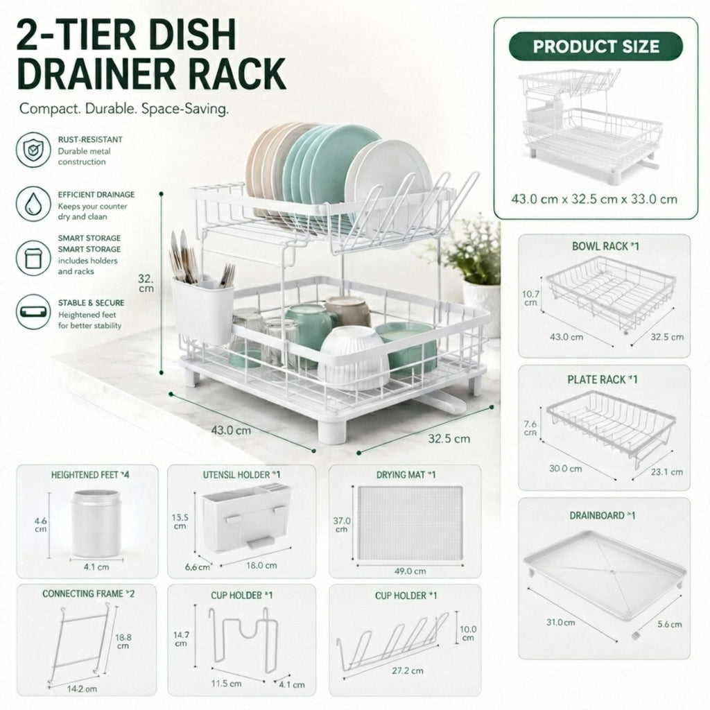 Two-Tier Dish Rack with Drainboard | White