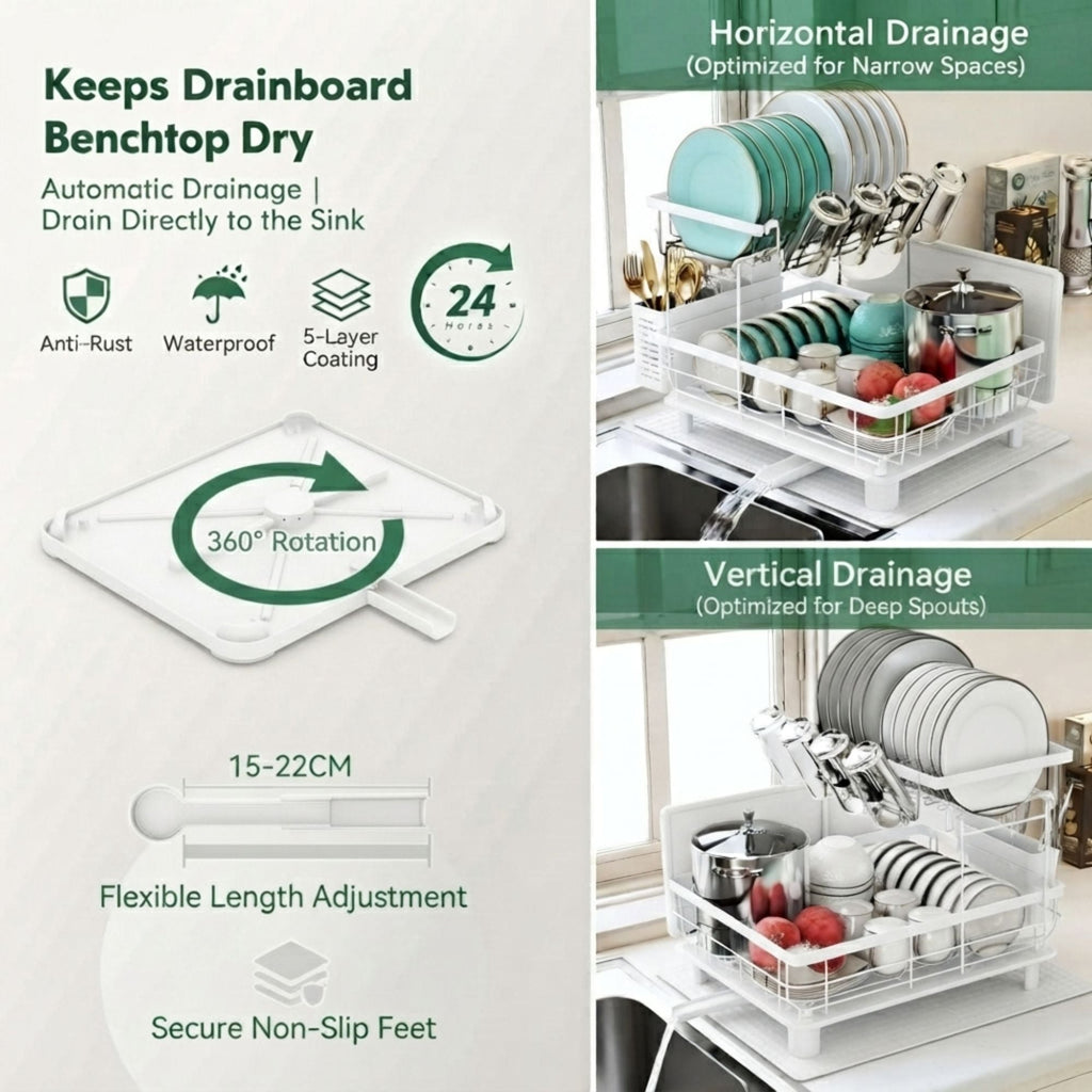 Two-Tier Dish Rack with Drainboard | White