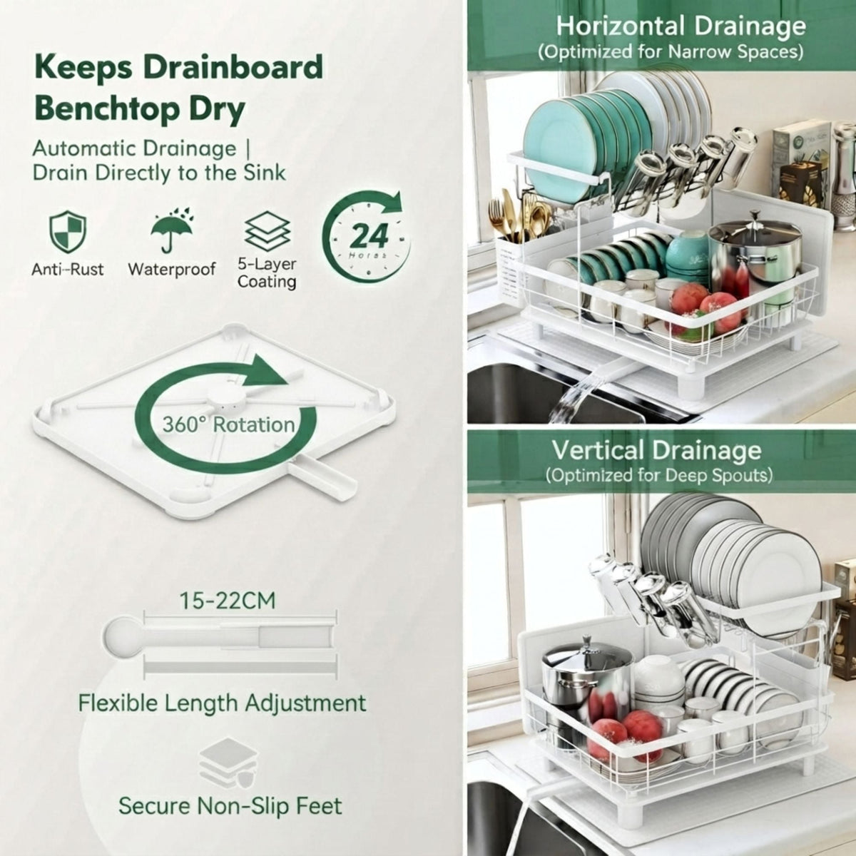 Two-Tier Dish Rack with Drainboard | White