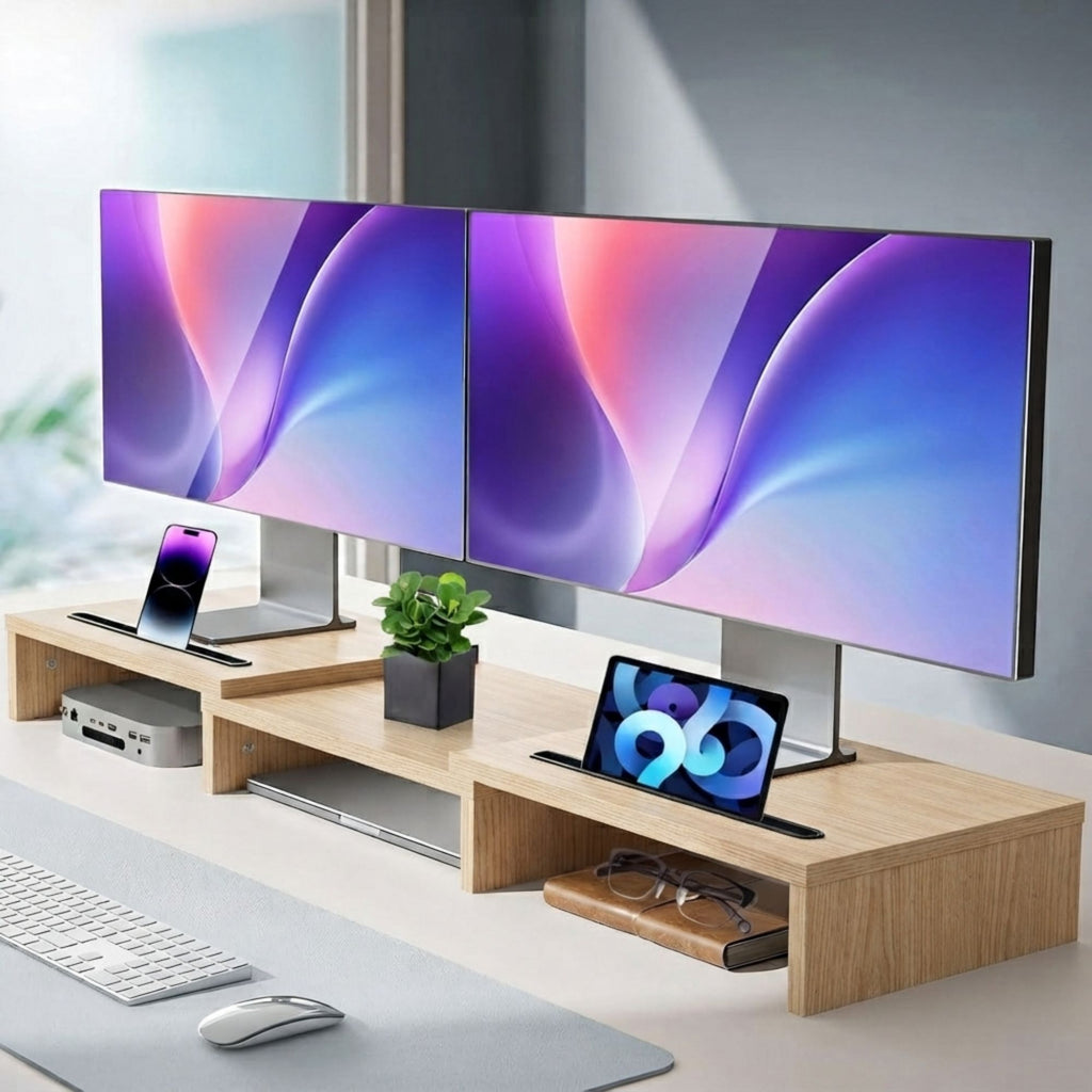 Wood-Grain Dual Monitor Riser | 80 cm