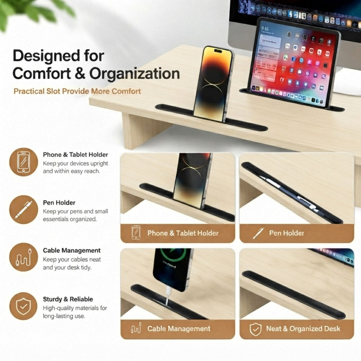 Wood-Grain Dual Monitor Riser | 80 cm
