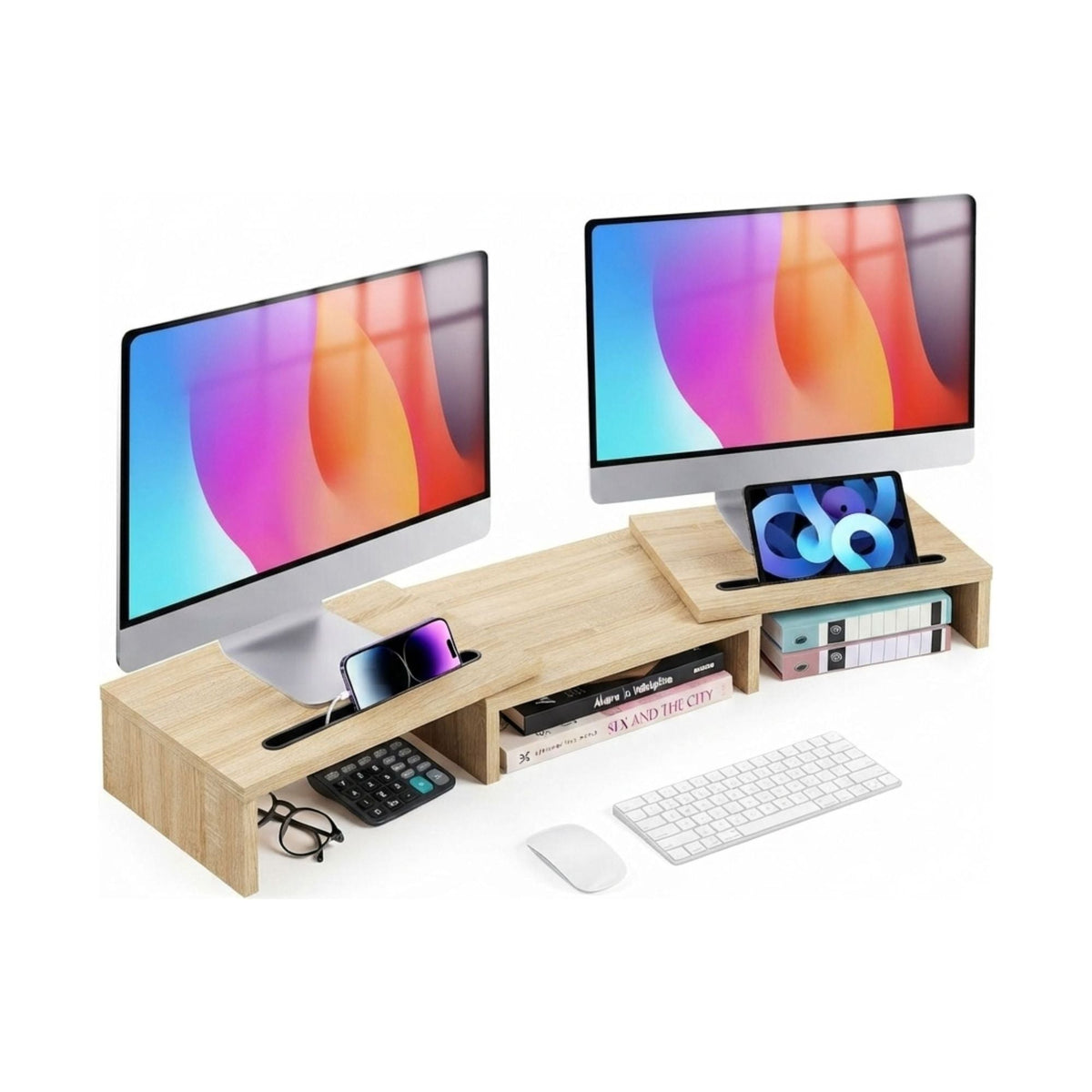 Wood-Grain Dual Monitor Riser | 80 cm