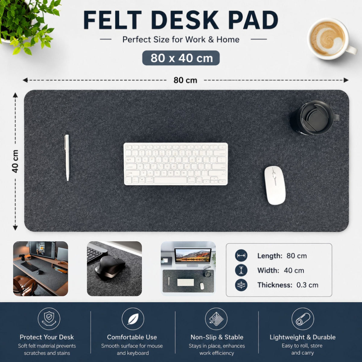 Charcoal Felt Desk Mat | 80 × 40 cm