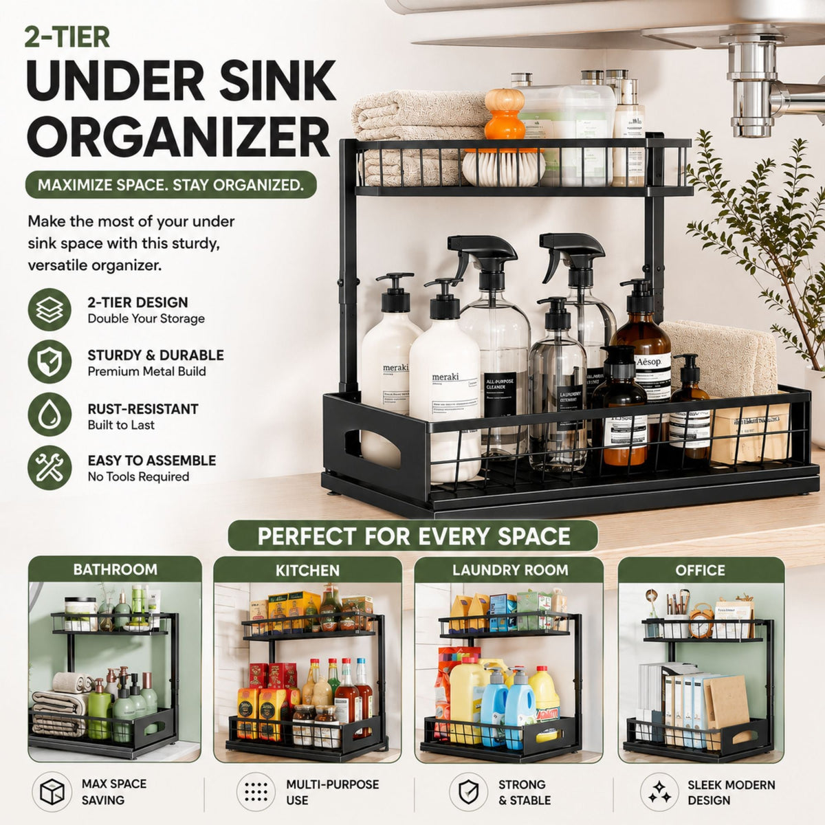 2 Tier Under Sink Organiser with Sliding Drawer
