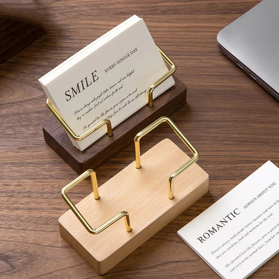 Timber & Gold-Tone Desktop Card Holder