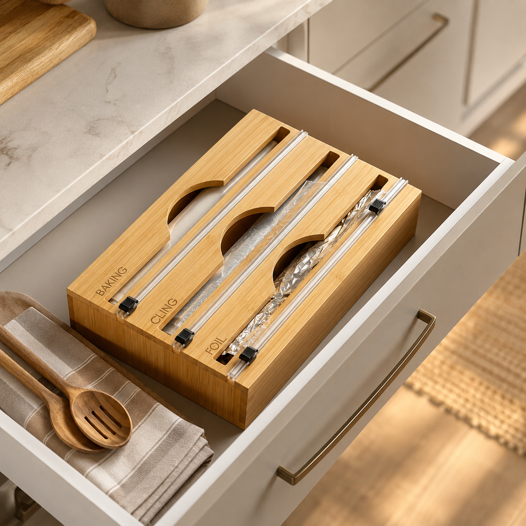 Bamboo Food-Wrap Dispenser | Three Compartments