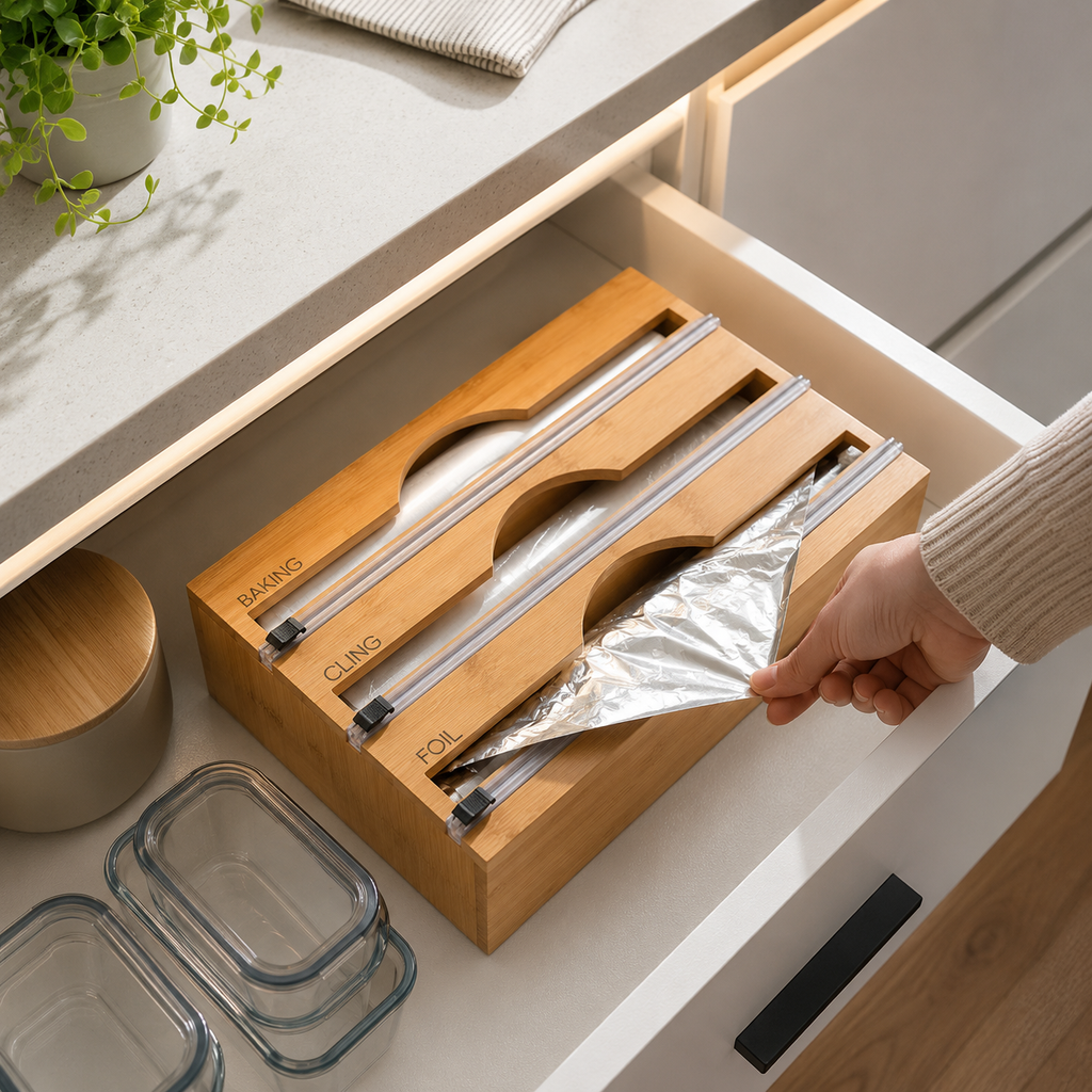 Bamboo Food-Wrap Dispenser | Three Compartments