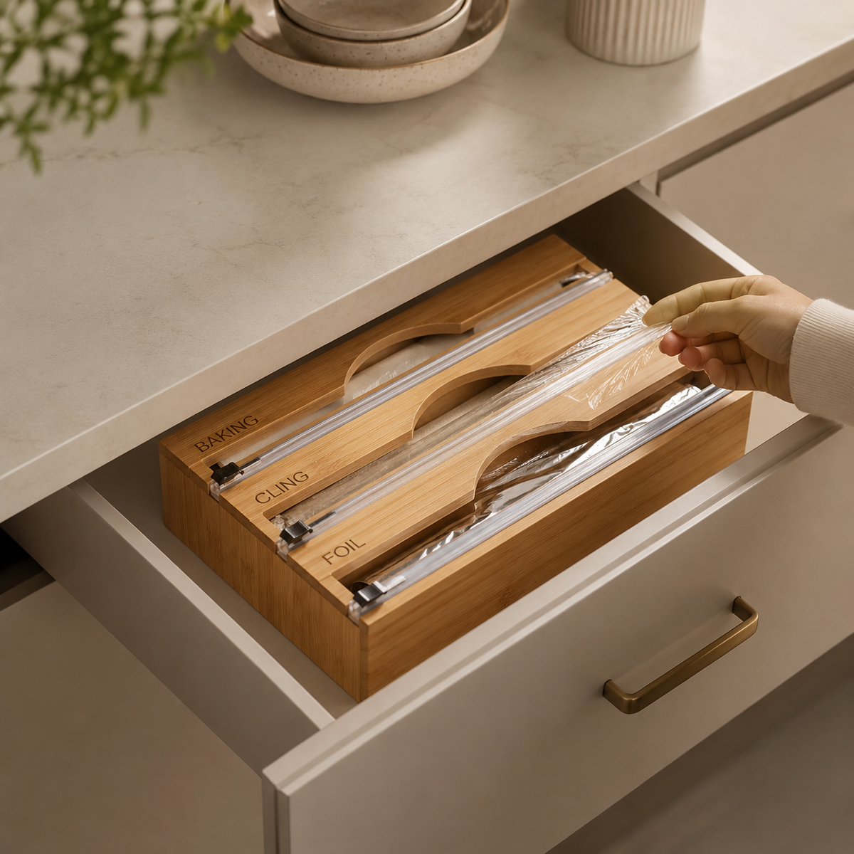 Bamboo Food-Wrap Dispenser | Three Compartments