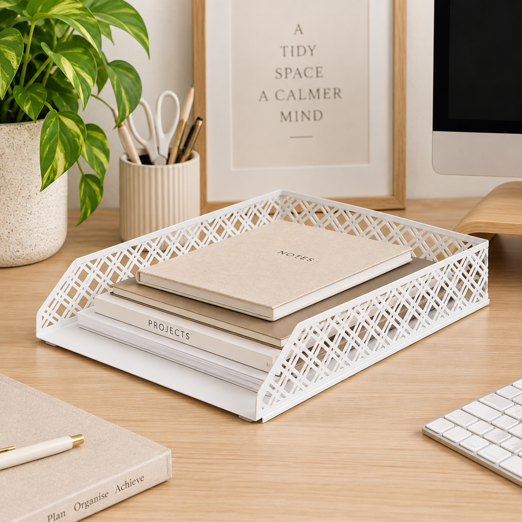 White Metal Desk Tray | Open Weave