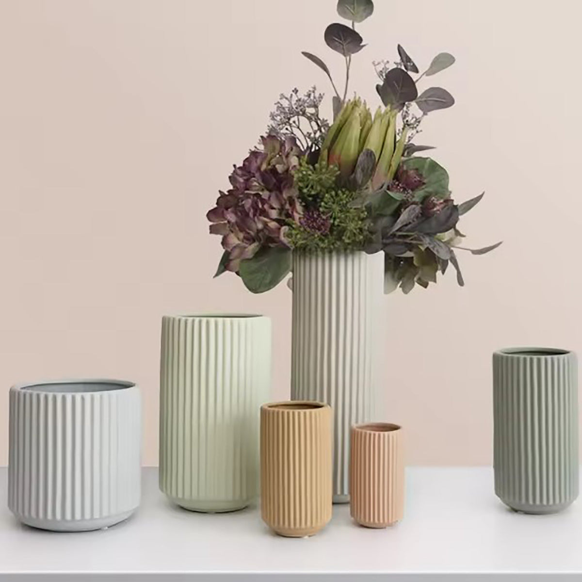 Sage Ribbed Ceramic Vase | 21 cm