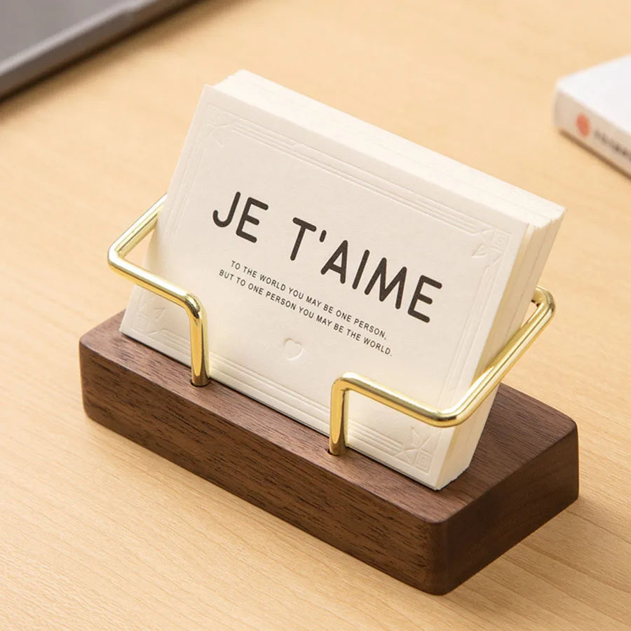 Timber & Gold-Tone Desktop Card Holder