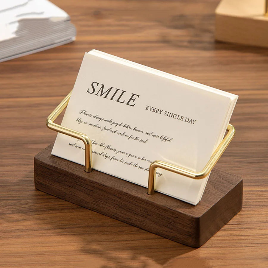 Timber & Gold-Tone Desktop Card Holder