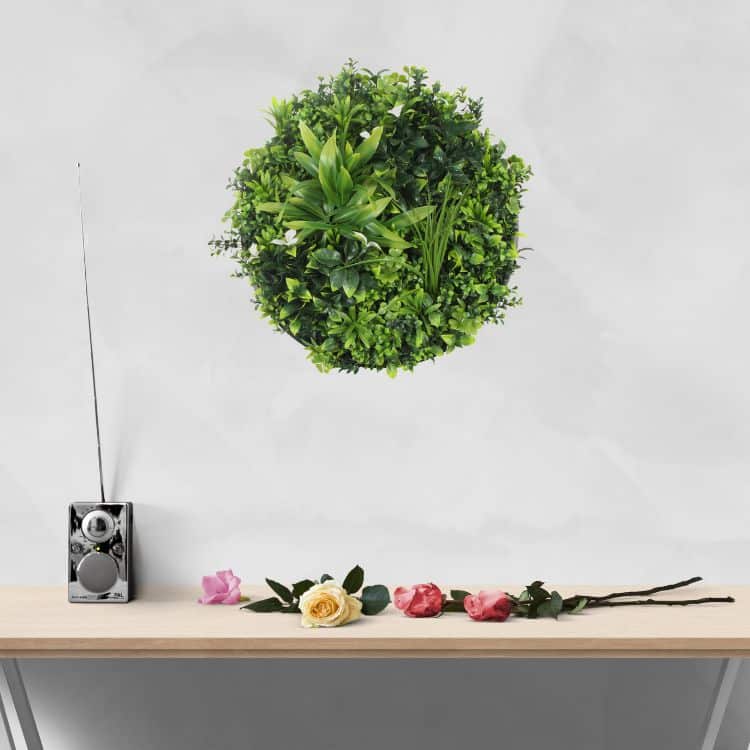 Flowering White Artificial Green Wall Disc UV Resistant 50cm (Black Frame)