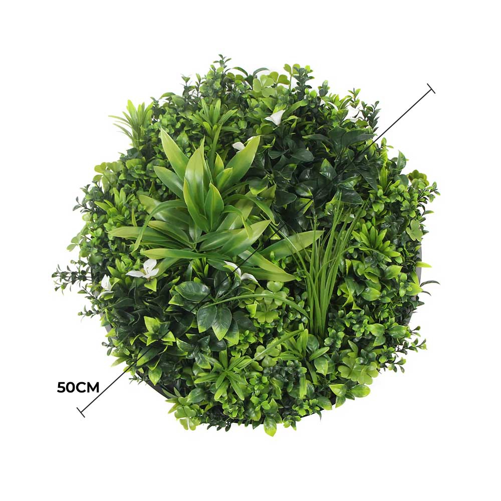 Flowering White Artificial Green Wall Disc UV Resistant 50cm (Black Frame)
